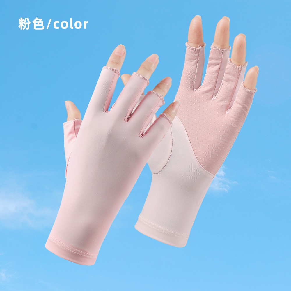 Protección solar guantes de uñas verano medio dedo Seda de hielo de las mujeres de conducción antideslizante transpirable pantalla táctil delgada guantes de protección UV