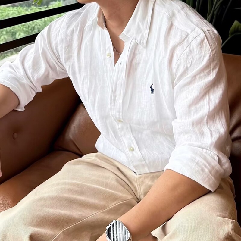 High-Quality Ralph Lauren Classic Couple's Loose Casual Versatile Embroidered Linen Long-Sleeve Shirt for Men and Women