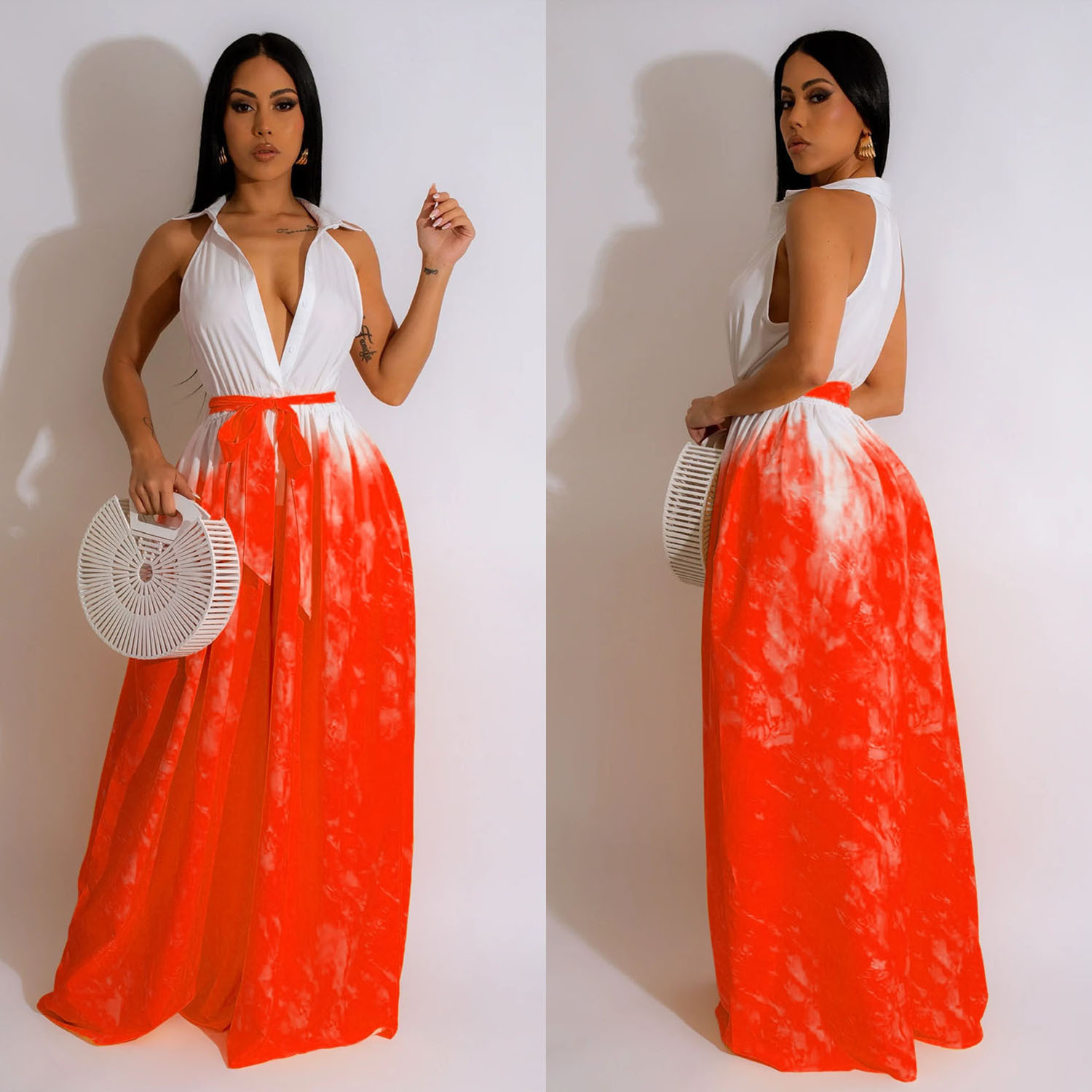 Moda de mujer C6351 Aliexpress transfronterizo Amazon impresión europea y americana sin mangas corbata en V pantalones de piernas anchas