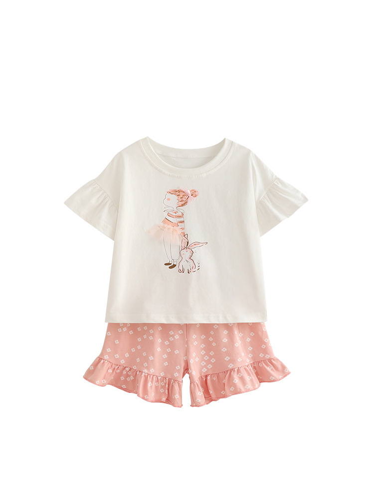 Ropa de verano para niñas, ropa de niños, ropa de moda de dos piezas para niños europeos y americanos, cuello redondo de verano, manga corta