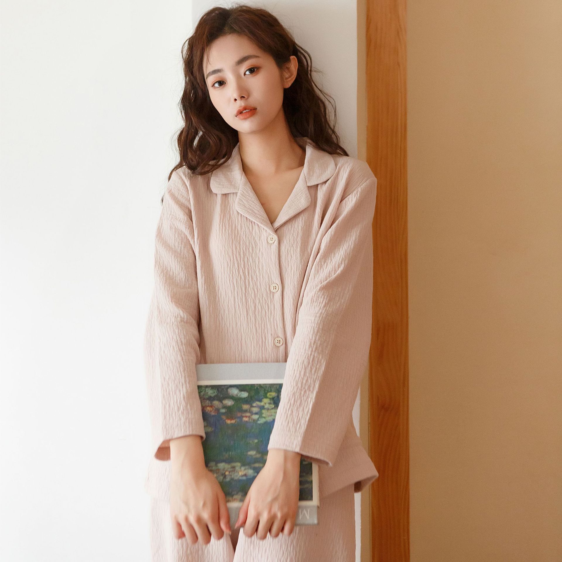 잠옷, 순면, 여성용 봄, 가을 심플 루즈 라펠 가디건, 긴팔 바지 정장, 여성용 커플 잠옷