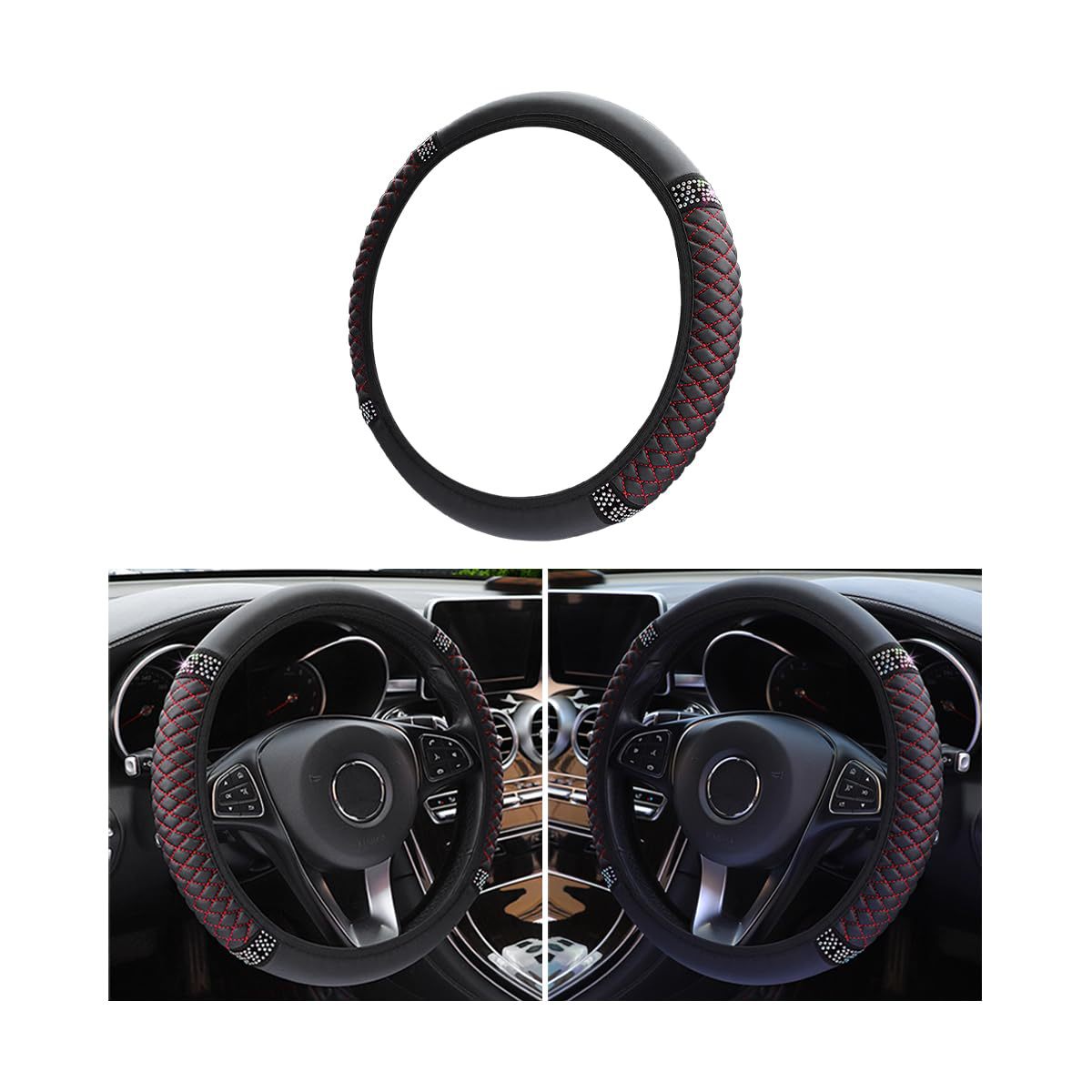 Factory Direct Sales Cross-Border Colorful Rhinestone Car Steering Wheel Cover, Leather Three-Dimensional Interior Handle Cover Without Inner Ring