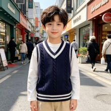儿童针织马甲2026春秋款女童毛线背心学院风V领男童校服毛衣坎肩
