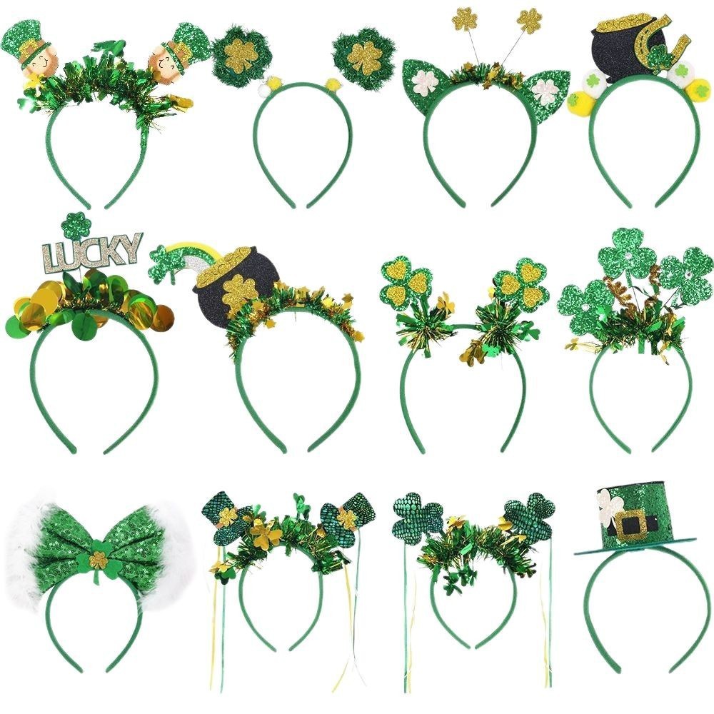 圣帕特里克节装饰品发箍爱尔兰节派对装扮发扣绿色三叶草毛毡头箍