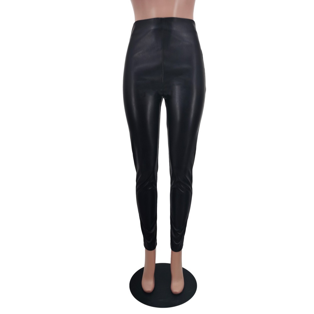 Pure Color Tight High Waist Fashion Women  Clothing Leather Pants in Leggings