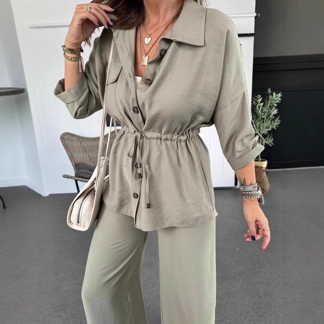 Women's Autumn Solid Color Casual Button Drawstring Loose Suit European And American Style_ecoleips.com