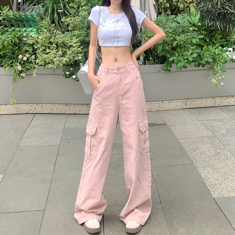 2025 High-end All-match Design Tooling Jeans Dirty Pink High-waist Women's Pear-shaped Casual Wide-leg Pants 2025 High-end All-match Design Tooling Jeans Dirty Pink High-waist Women's Pear-shaped Casual Wide-leg Pants