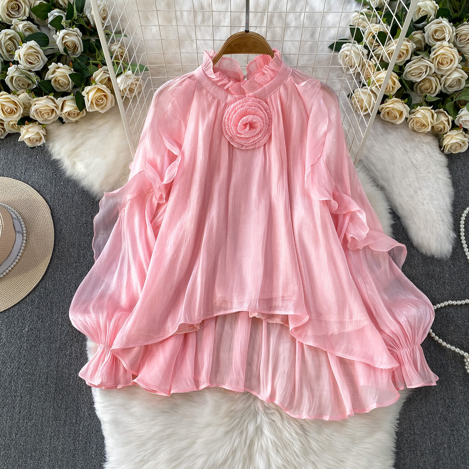 Elegant cute shiffon long shirt with a round collar