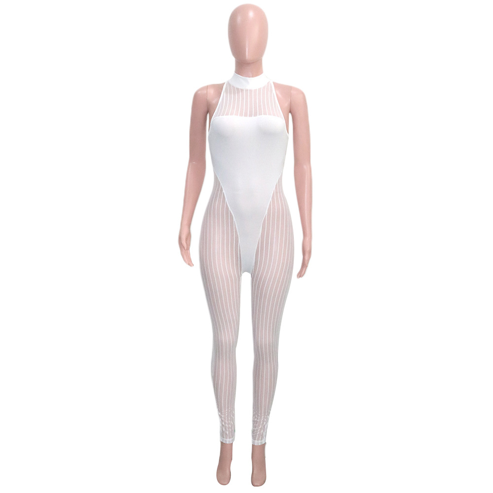 Sexy Bold Stripes Mesh See-through Sleeveless round Neck Jumpsuit for Women