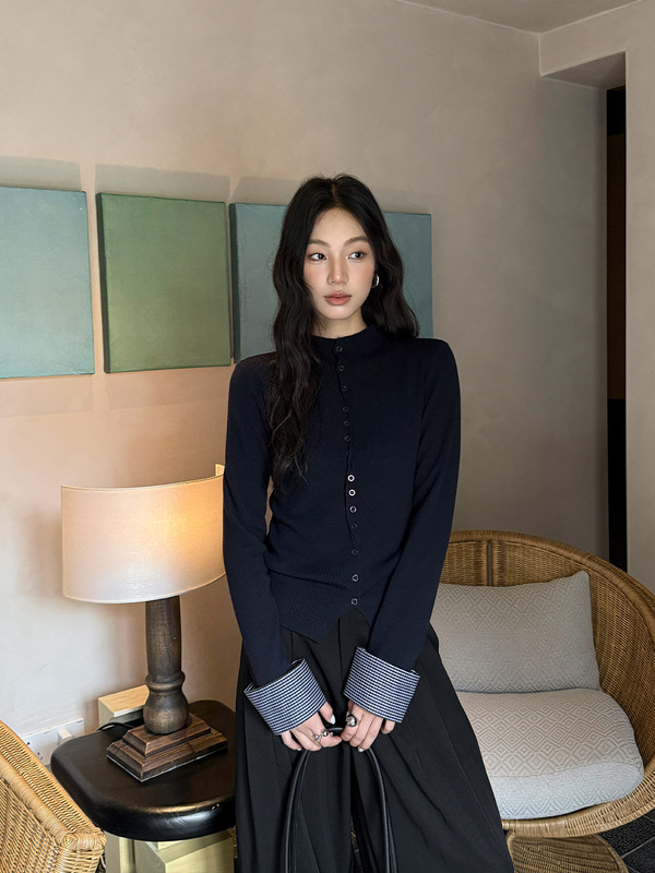 FONE简禾不规则单排扣针织开衫女2025秋新款半高领保暖毛衣58232|undefined