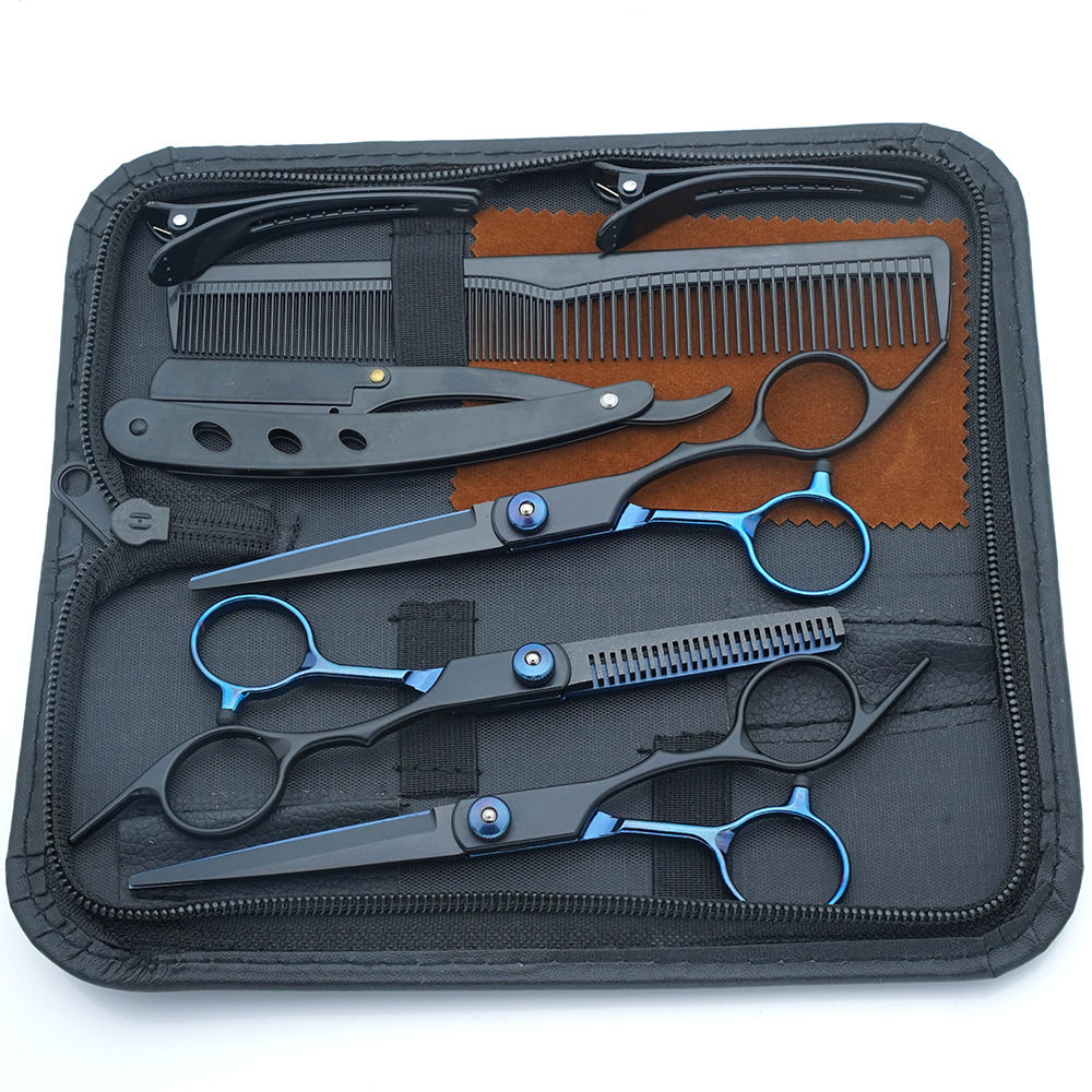 Fabricante al por mayor tijeras de corte de cabello transfronterizo Amazon negro dorado plano tijeras de dientes con flequillo fino tijeras divididas juego de tijeras de cabello
