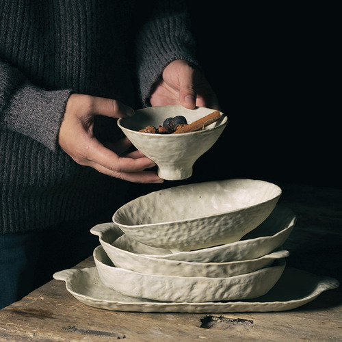 Wholesale white stoneware fruit plate tableware Jingdezhen pure handmade dinner plate fruit plate bowls fruit display stoneware plate