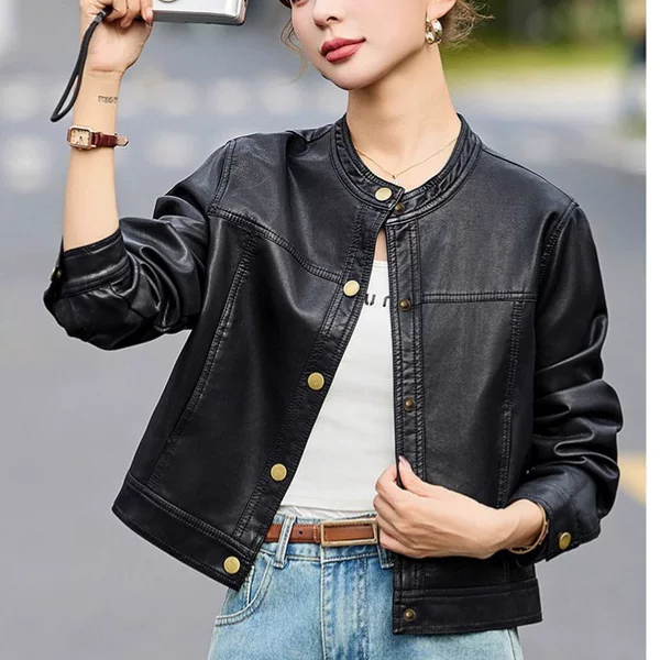 Low-Priced Autumn and Winter Fleece-Lined Thickened Stylish Short Stand-Collar Pu Leather Jacket Women's Coat with Buttons