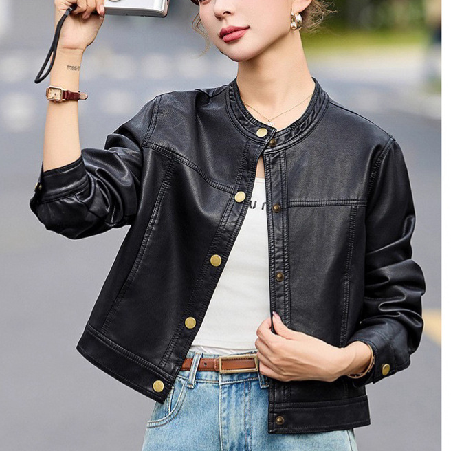 Low-Priced Autumn and Winter Fleece-Lined Thickened Stylish Short Stand-Collar Pu Leather Jacket Women's Coat with Buttons