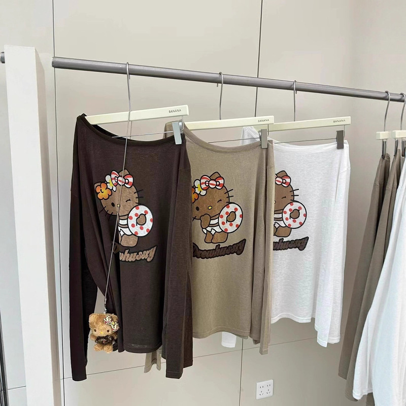Cartoon Kitty Cat Print One-Shoulder Long-Sleeve T-Shirt for Women 2026 Spring/Summer New Sun-Protective Cover-Up Ins Cartoon Kitty Cat Print One-Shoulder Long-Sleeve T-Shirt for Women 2026 Spring/Summer New Sun-Protective Cover-Up Ins
