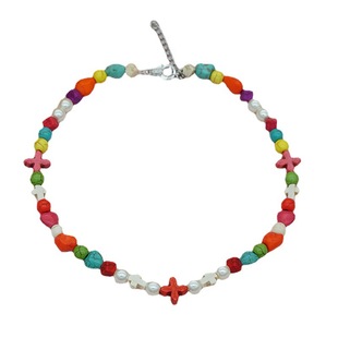 Colorful beaded dyed turquoise necklace Zhou Yutong same style couple's cross pearl bracelet