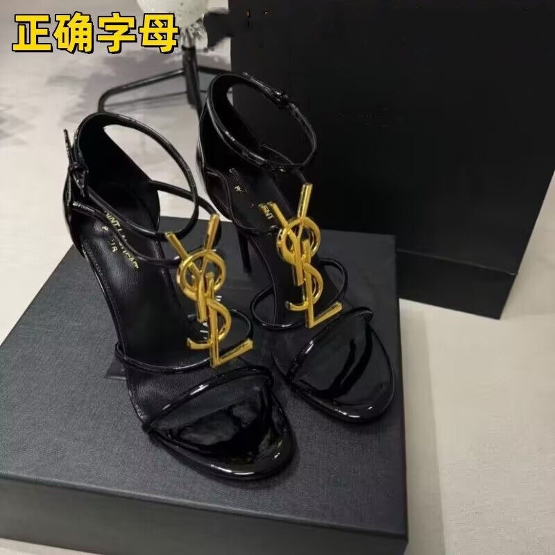 French High Heels for Women 2025 Summer New Style Gold Letter Logo Stiletto Sexy Open Toe Strap Sandals