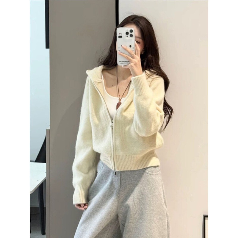 Korean-style casual wavy pattern double-zipper hooded sweater jacket for women, loose and slimming knit cardigan top for autumn and winter Korean-style casual wavy pattern double-zipper hooded sweater jacket for women, loose and slimming knit cardigan top for autumn and winter