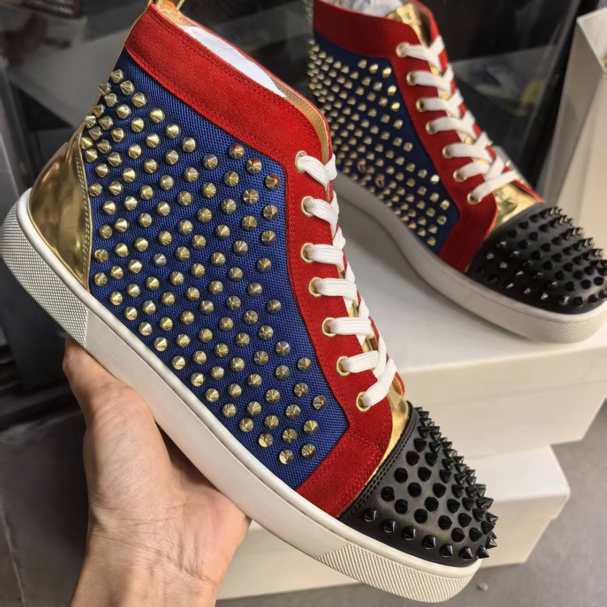 Personalised Studded High-top Sneakers In Red And Blue Leather_voghion.com