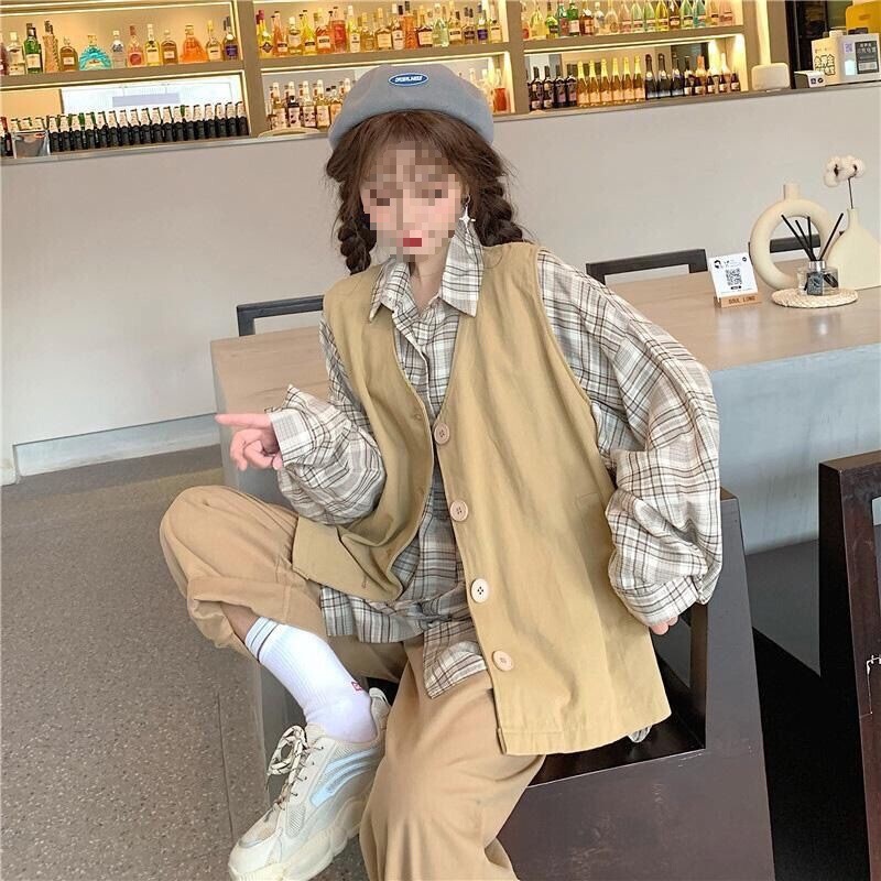 Fashion Spring and Autumn Set for Female Students Korean Style Vest Shirt Jacket Plaid Loose Wide-Leg Pants Three-Piece Set with Buttons