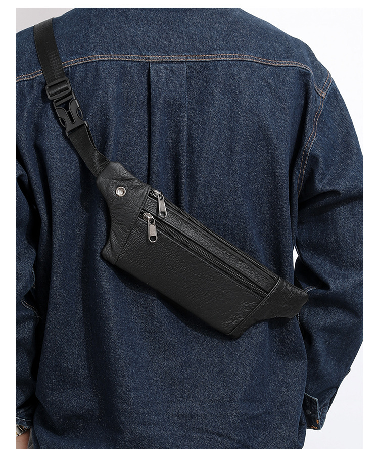94g Weight Polyester Lining Material Sewing Thread Fashion Element Zipper Closure Type Sling Strap Strap Type Fanny Pack Bags Type Casual Occasion Genuine leather Material Solid Color Pattern All Seasons Season Men's Gender Streetwear Style Square Shape Men's Streetwear Solid Color Genuine Leather Men's Waist Bags 14