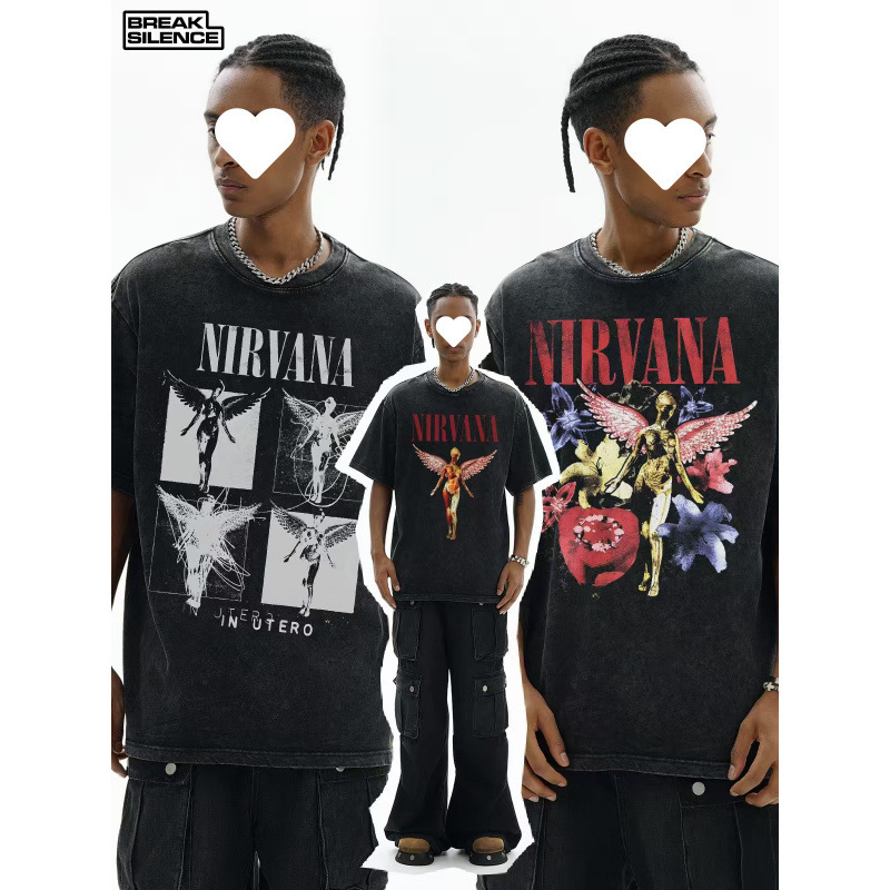 Nirvana Band Rock Nirvana Cobain American-Style Vintage Washed Loose T-Shirt for Men