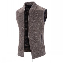 亚马逊外贸新款男士立领加绒加厚大码菱形图案毛衣针织衫开衫马甲