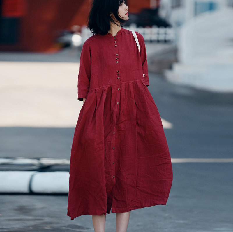 Classical Red Linen New Chinese Style Small Stand Collar Pleated Shirt-Style Mid-Length Dress T22-129