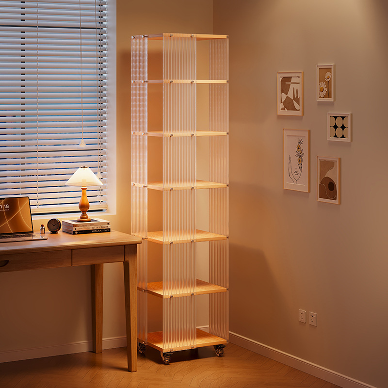 Estante de libros giratorio acrílico de 360 grados al lado del escritorio estante de almacenamiento de suelo móvil tablero ecológico de madera sólida