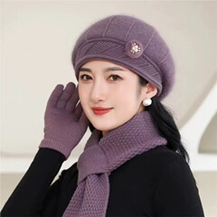 中老年人兔毛针织帽子女士秋冬季时尚加厚保暖妈妈贝雷毛线帽围巾