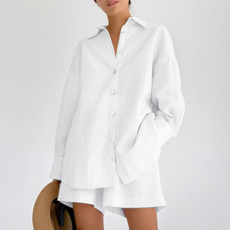 2026 Spring/Summer Simple and Stylish Loose Shirt and Shorts Two-Piece Set, Mature Style, Multi-Color European and American Cotton-Linen Women's Outfit 2026 Spring/Summer Simple and Stylish Loose Shirt and Shorts Two-Piece Set, Mature Style, Multi-Color European and American Cotton-Linen Women's Outfit