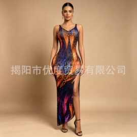 闪亮气质小众个性欧美性感开叉水钻礼服酒会派对演出连衣裙彩滴