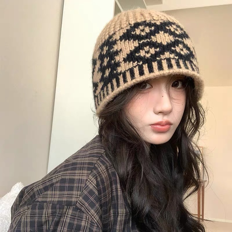 韩版潮款大头围宽松复古针织帽子女时尚通勤拼色保暖针织护耳冷帽|undefined