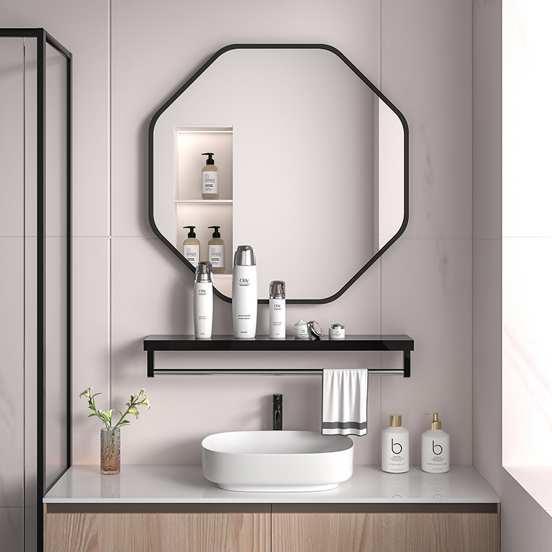 Bathroom Mirror with Storage Rack Punch-free Wall-pasted Bathroom Makeup Household Toilet Bathroom Mirror Wall-mounted Self-adhesive