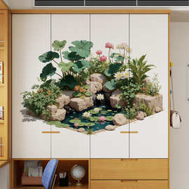 植物荷花背景墙造镜装饰画客厅卧室床头墙面可移除墙贴画 69231