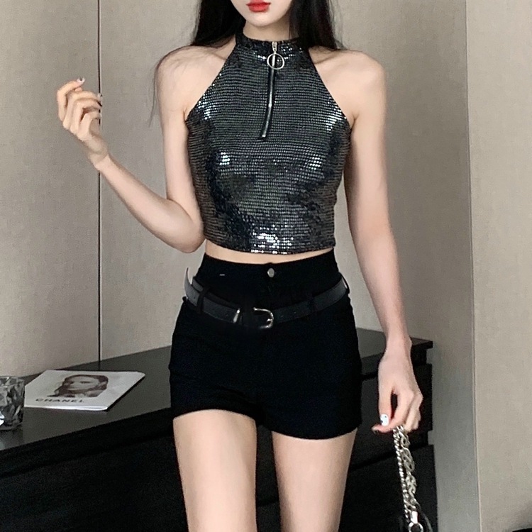 高腰紧身性感辣妹短裤修身显瘦黑色热裤短款亮片上衣两件套装女潮