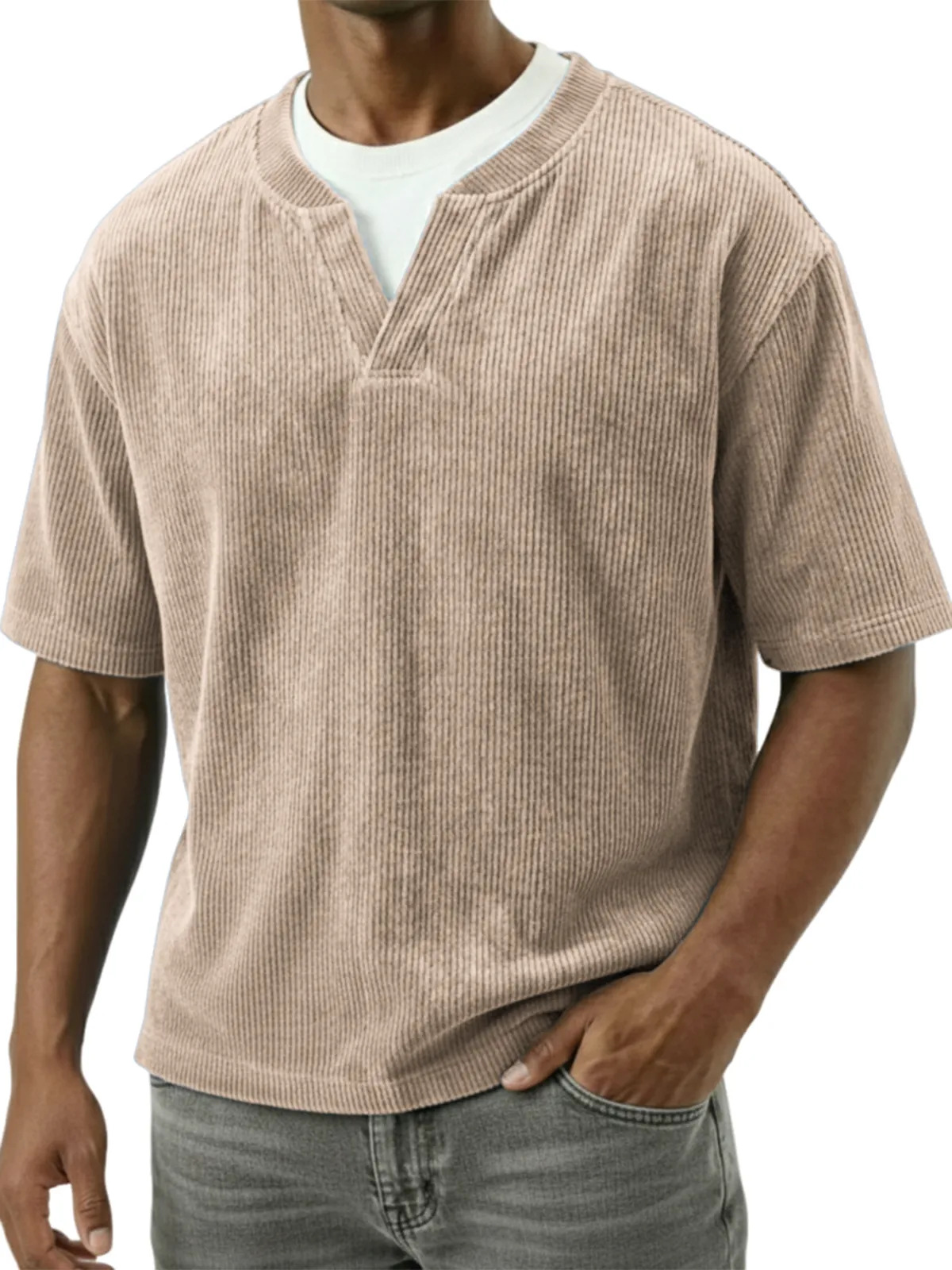 T-shirt uomo casual in velluto a coste con doppio collo_voghion.com