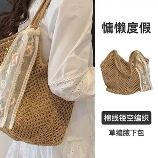 新款夏季编织单肩包女慵懒风大容量镂空草编包文艺托特包手提包