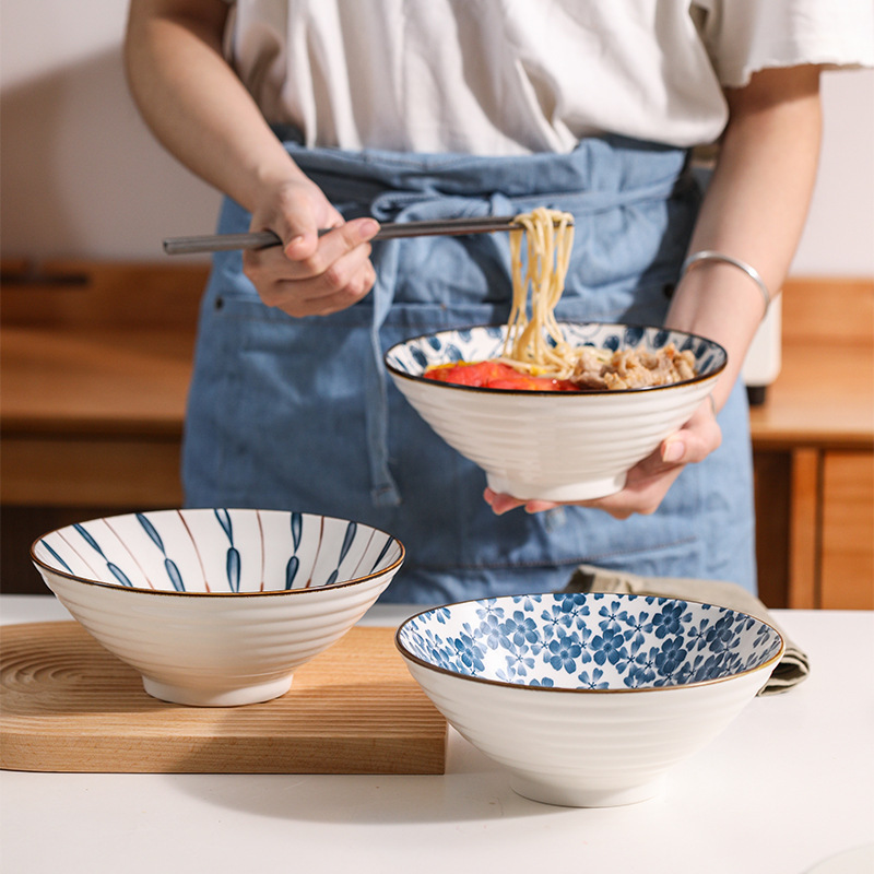 Ins Creative Japanese Ceramic Household Large Ramen Bowl Trumpet Bowl Conical Bowl Popular Instant Noodle Bowl Hand-Painted Tableware