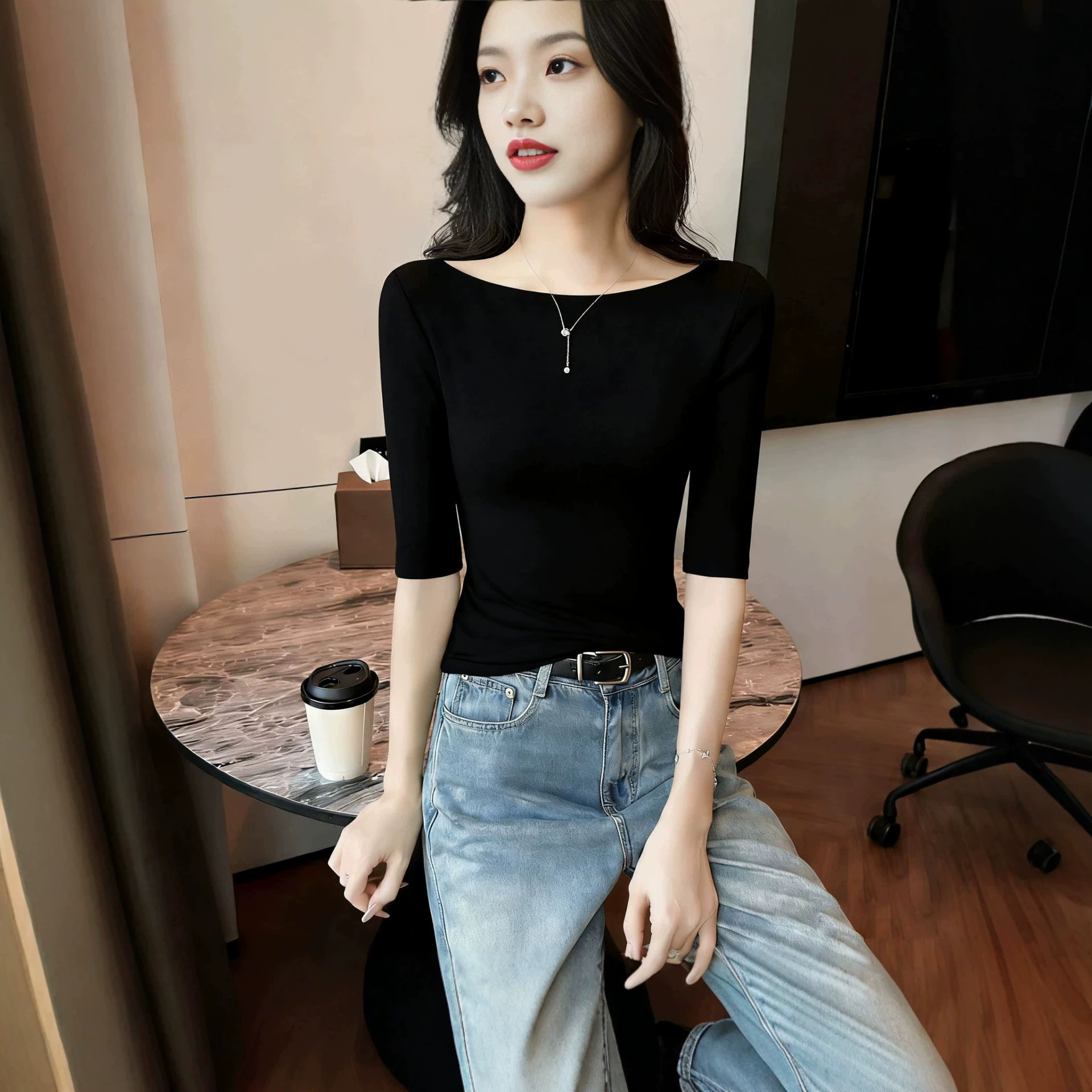 Korean Summer New Style Elegant Figure-Flattering Off-Shoulder Top Slim Fit Thin Mid-Sleeve T-Shirt Base Shirt for Women