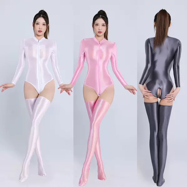 Glossy, Silky, and Smooth Horse Oil Aurora Double-Zipper Crotchless Long-Sleeve Jumpsuit