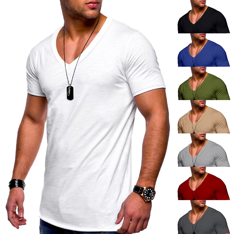 Verano 2023 camiseta de los hombres ropa transfronteriza europea y americana comercio exterior de los hombres de cuello en V color sólido más tamaño casual Camiseta de manga corta