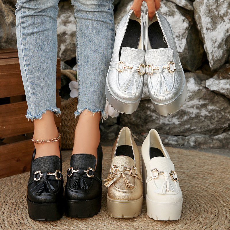 2025 New Model Foreign Trade Large Size Chunky Heel High-Heeled Shoes for Women, Metal Round Toe, Thick Sole, Comfortable, Fashionable, Solid Color High Heels