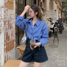复古翻领蓝色小格子长袖衬衫女2024早秋中长款宽松外穿衬衣
