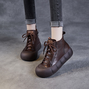 Vintage Genuine Leather Ankle Boots Autumn and Winter Boots Brown Cowhide Thick-soled Martin Boots Women's fleece-lined Thick Flat Casual Ankle Boots