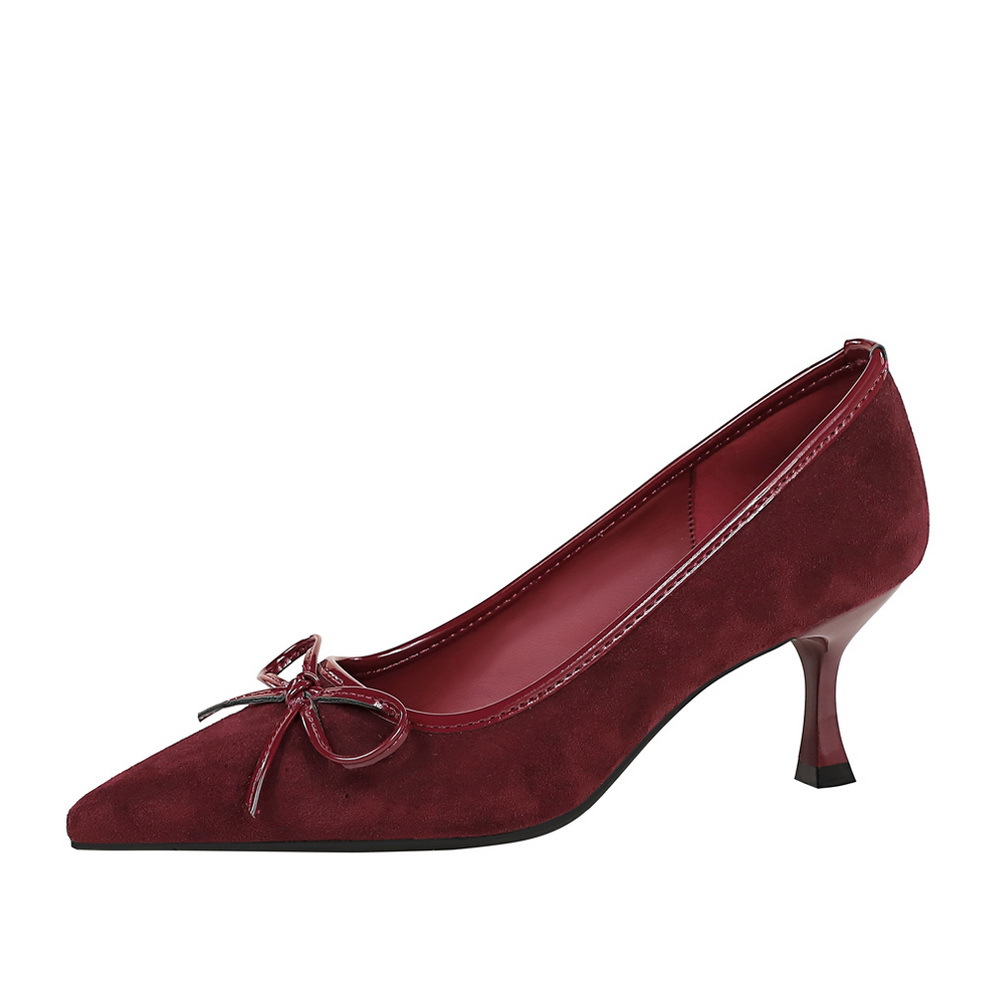 2632-3 European And American Style Fashion Party High Heels Stiletto Shallow Bow Velvet Pointed Mid Heel Single Shoes_vogvips.com