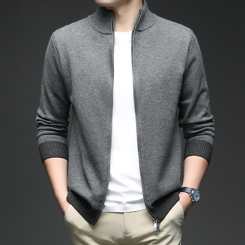 男士羊毛衫开衫秋冬长袖时尚立领拉链衫潮流爸爸装休闲针织衫外套