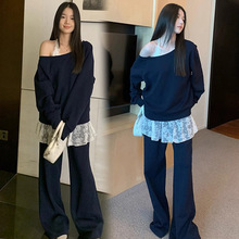 孕妇春装套装裤子时尚斜肩卫衣蕾丝背心+抽绳阔腿裤春秋季三件套