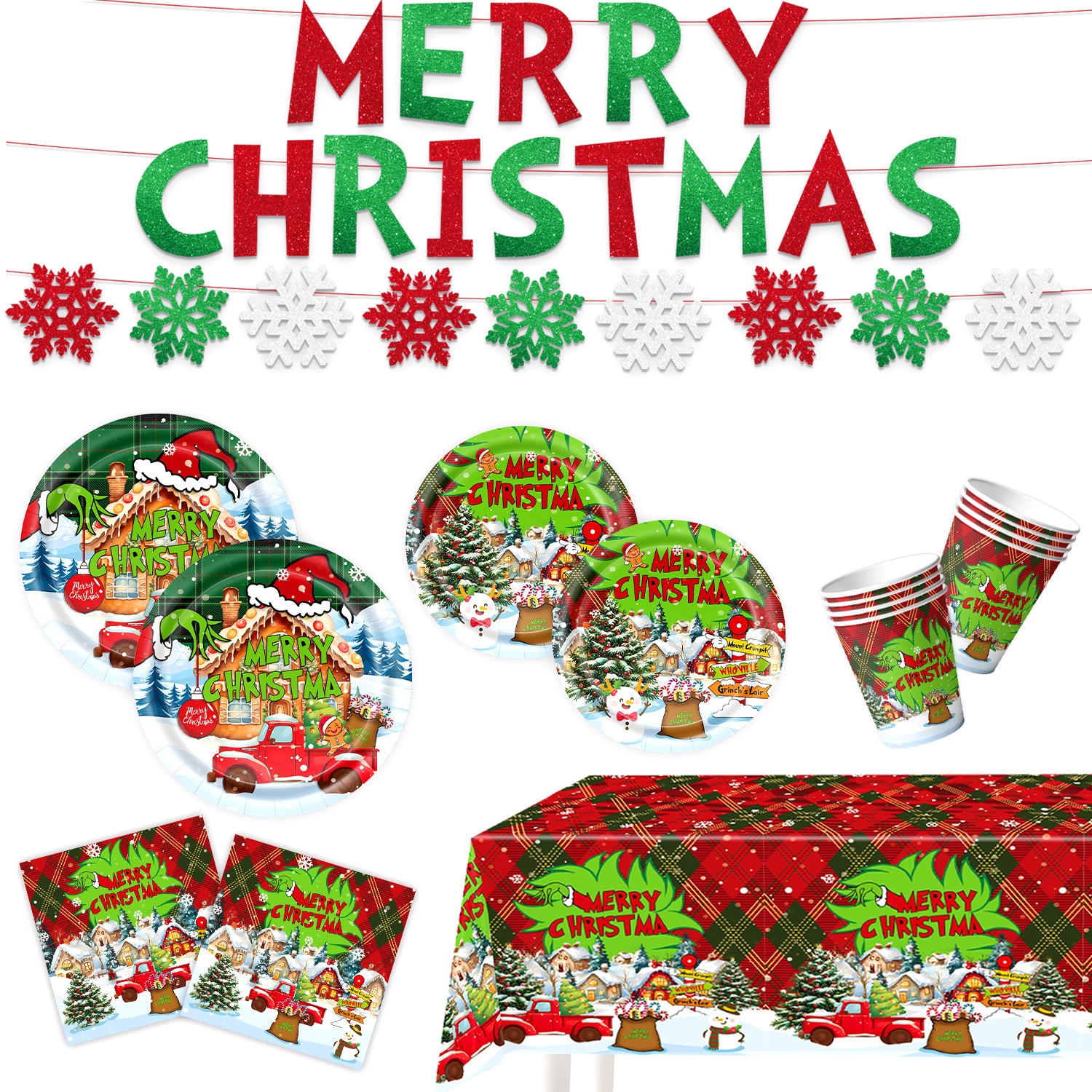 Nuevo tema transfronterizo de Navidad Grinch cubiertos de fiesta de cumpleaños bandeja de papel desechable toallas de mesa decoración banner