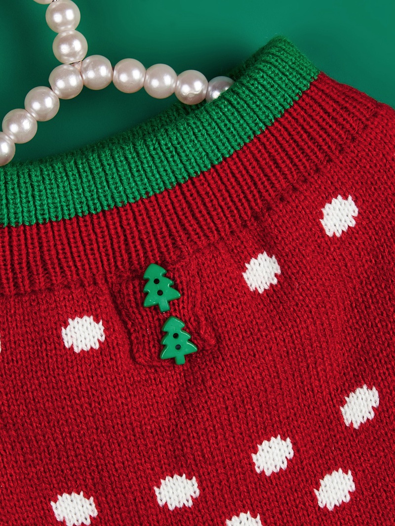 Weihnachtsurlaub Haustier Winterkleidung Gestrickter roter Weihnachtsbaum Weiß gepunkteter Doppelrock Pom Pom Pullover Kleid_voghion.com